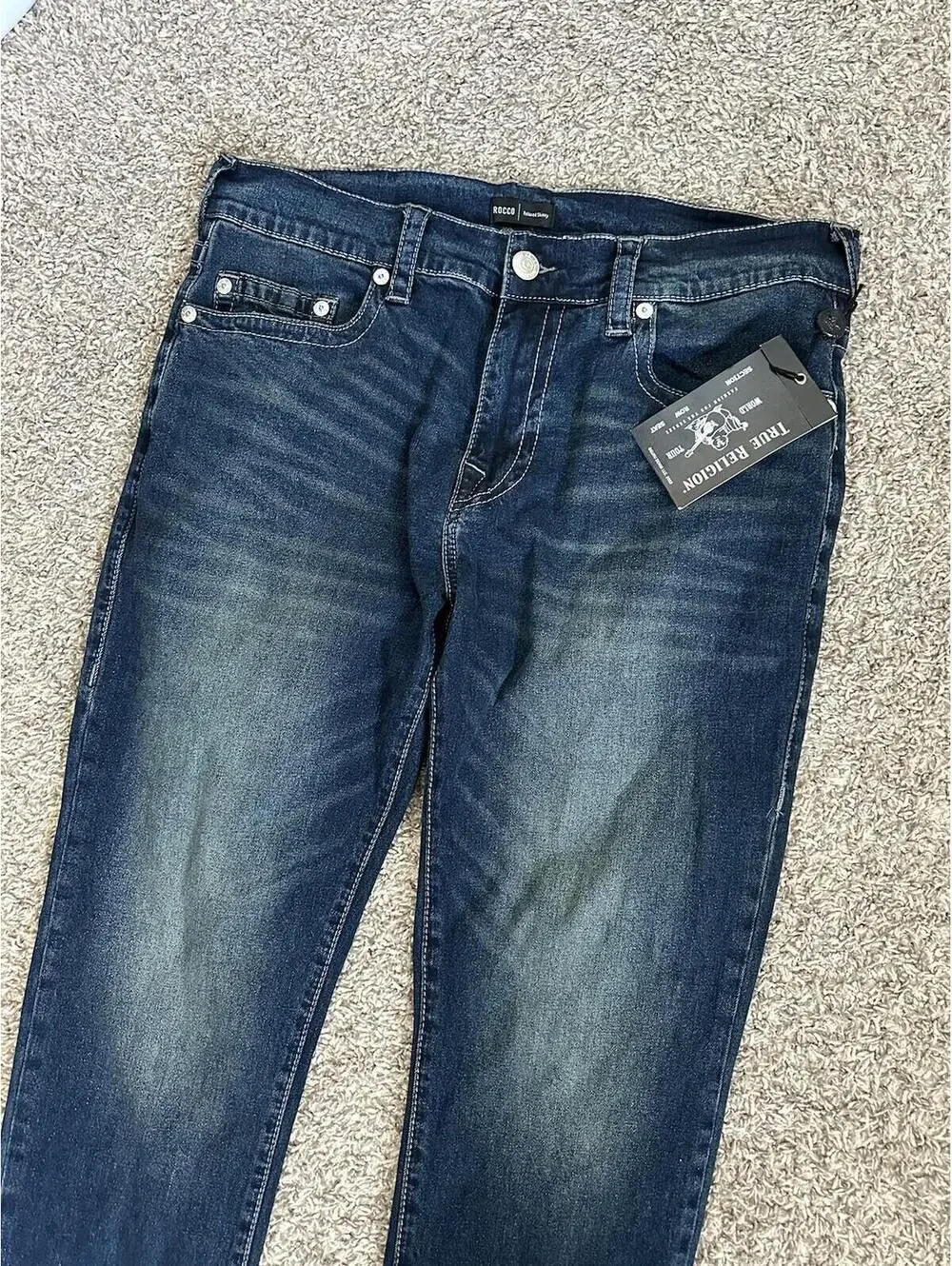 NEW True Religion Rocco Jeans Men's Blue Denim Pants Relaxed Skinny Size 34x32